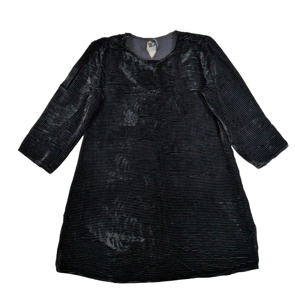 Eileen Fisher Black Ribbed Velvet Silk Blend Tunic Mini Dress Small Petite S/P